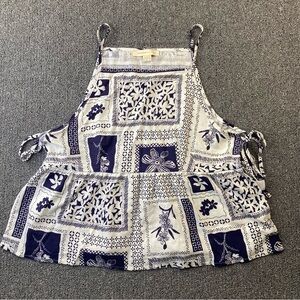 Monteau Navy White Linen Blend Floral Tank Top Patchwork Boho Hippie Women's XL